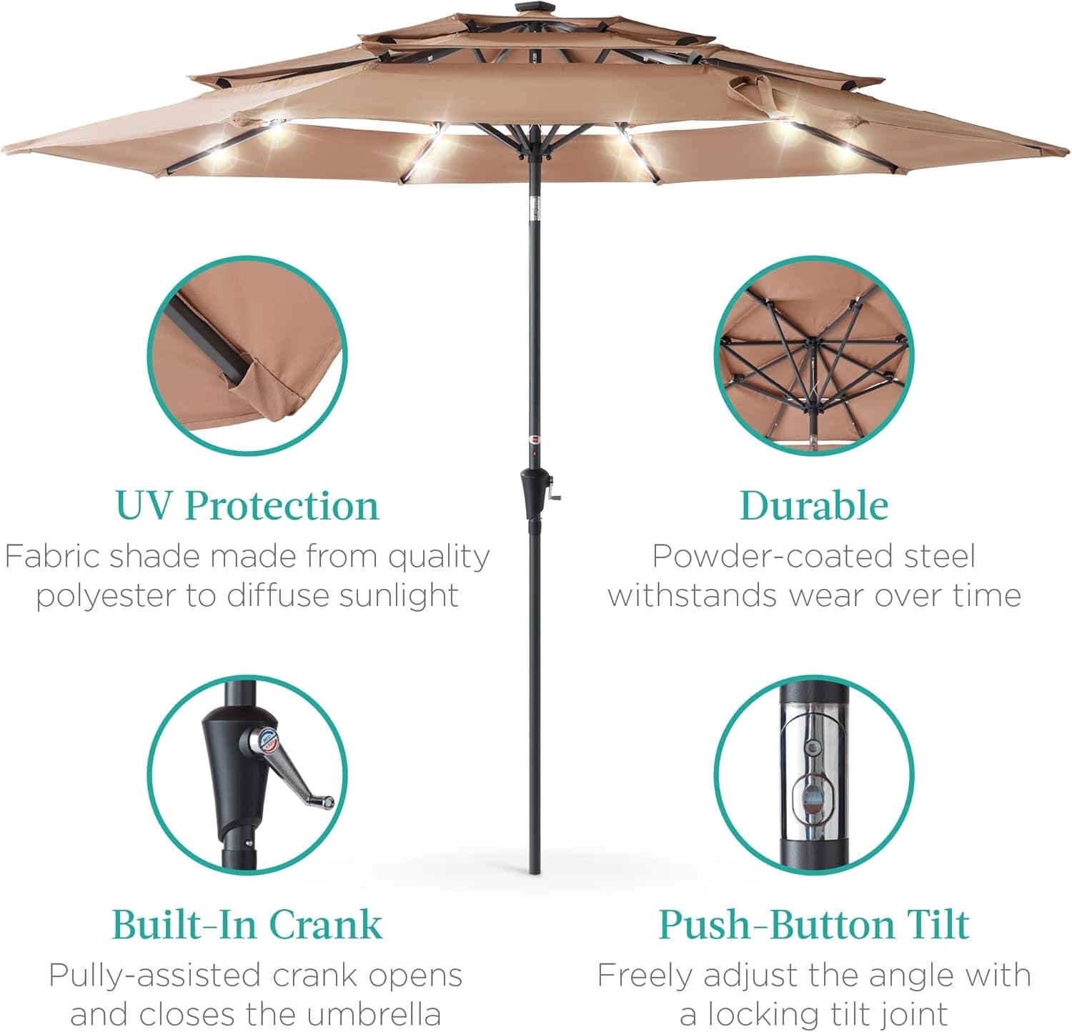 10Ft 3-Tier Solar Patio Umbrella, Outdoor Market Sun Shade for Backyard, Deck, Poolside W/ 24 LED Lights, Tilt Adjustment, Easy Crank, 8 Ribs - Tan