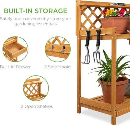 Outdoor Garden Potting Bench, Wooden Workstation Table W/Cabinet Drawer, Open Shelf, Lower Storage, Lattice Back - Natural