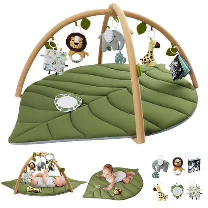 Baby Play Gym &amp; Activity Mat, Oversize Leaf Shaped Baby Play Mat W 6 Detachable Toys, Tummy Time Mat Promote Motor Skills &amp; Sensory Development Mat, Newborn Infant Baby Essentials Gift