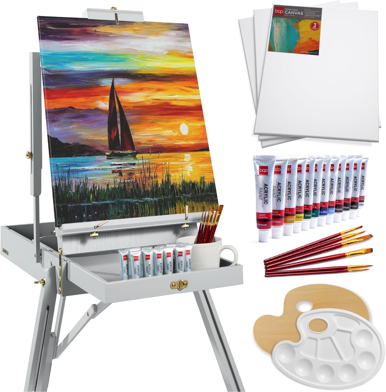 French Easel, 32Pc Beginners Kit Portable Wooden Folding Adjustable Sketch Box Artist Tripod for Painting, Drawing W/Acrylic Paints, Brushes, Canvases, Palettes - Natural