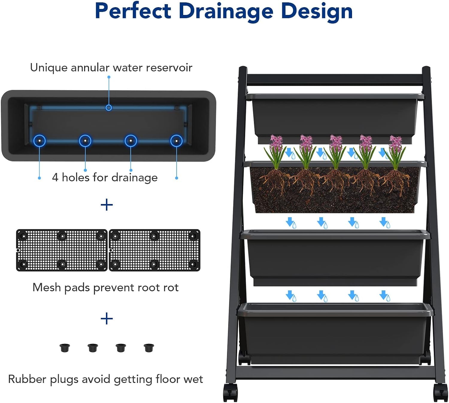 Vertical Raised Garden Bed W/Wheels,4 Tiers Freestanding Vertical Garden Planters with Lockable Caster Wheels and 4 Drainage Boxes, Fit to Grow Vegetables Flowers on Patio Balcony Garden