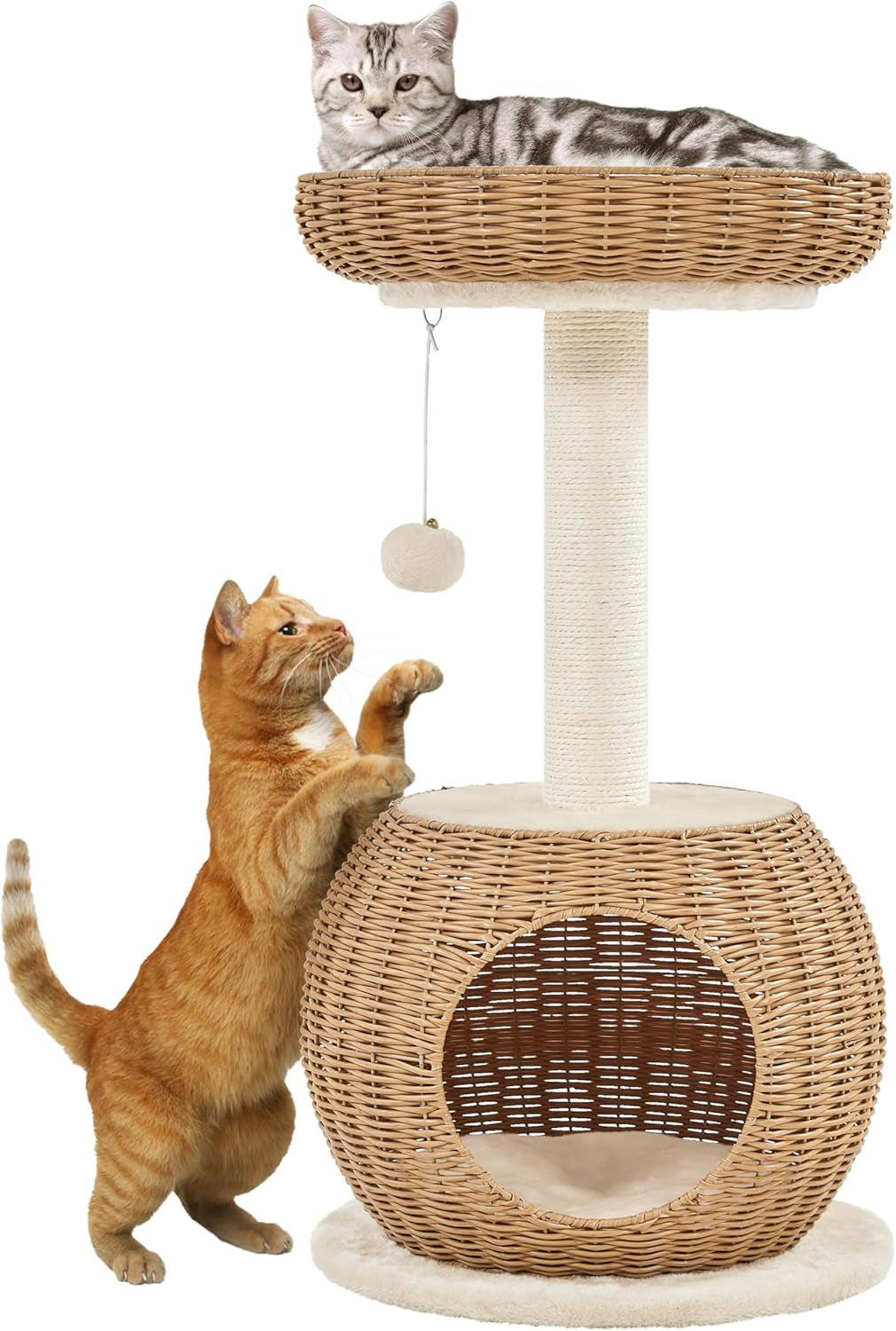 Cat Tree, 29.5In Rattan Cat Tower for Indoor Cats W/Scratching Post, Woven Cat Condo and Soft Cushion Top Perch, Aesthetic Cat Tree for Kittens