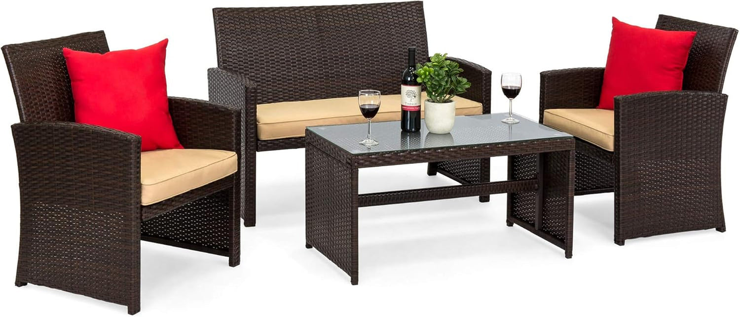 4-Piece Outdoor Wicker Patio Conversation Furniture Set for Backyard W/Coffee Table, Seat Cushions - Gray/Navy