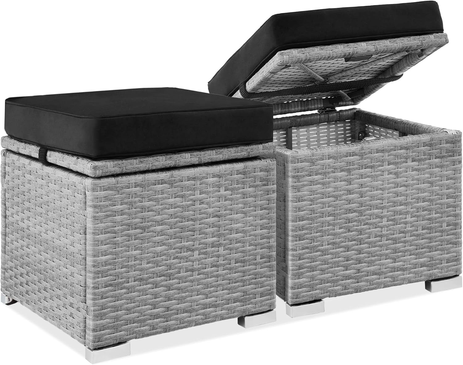 Set of 2 Wicker Ottomans, Multipurpose Outdoor Furniture for Patio, Backyard, Additional Seating, Footrest, Side Table W/Storage, Removable Cushions - Gray/Navy