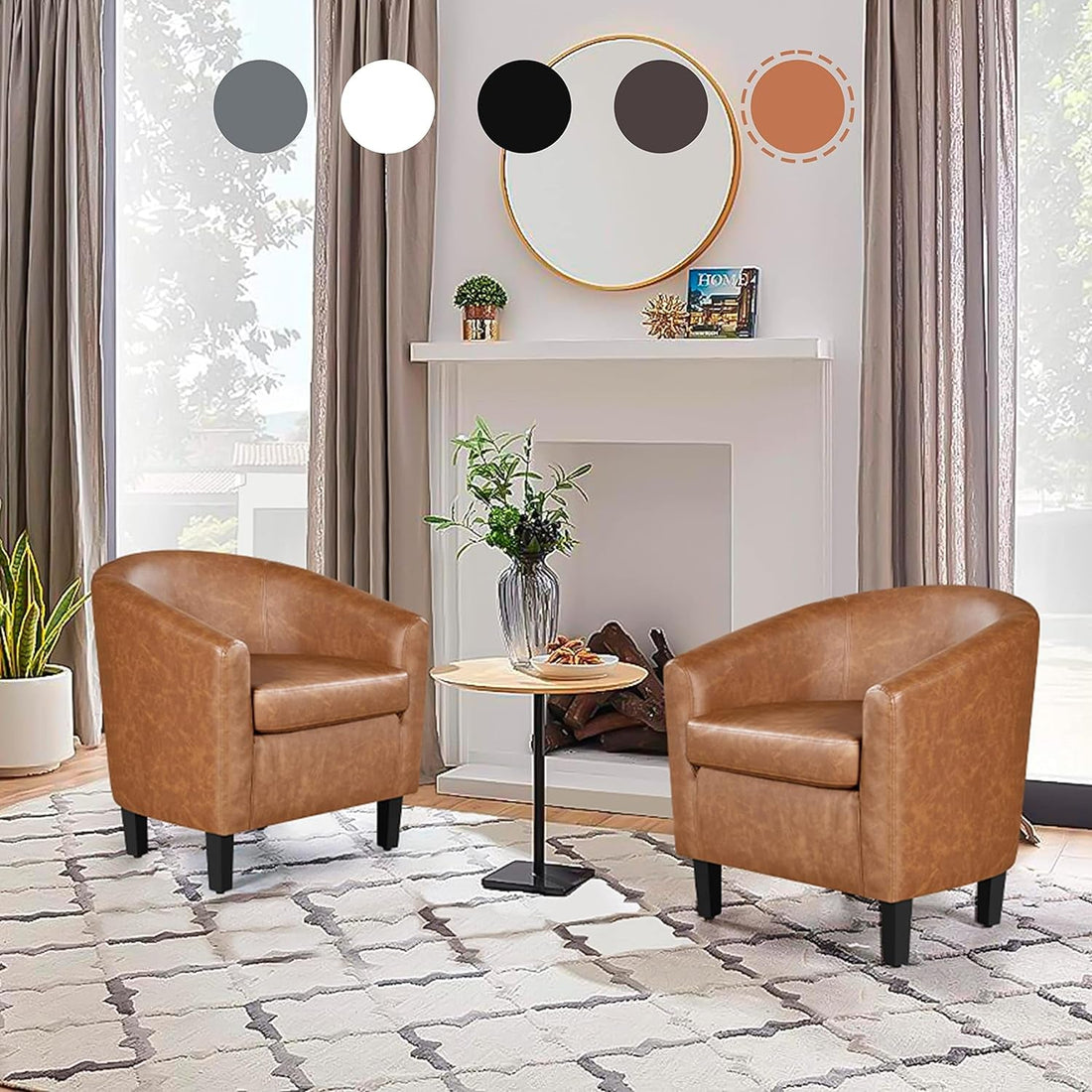 Brown Accent Chairs Set of 2, Faux Leather Barrel Chairs Comfy Club Chairs, Modern Leather Armchairs with Soft Seat for Living Room Bedroom Reading Room Waiting Room, Brown