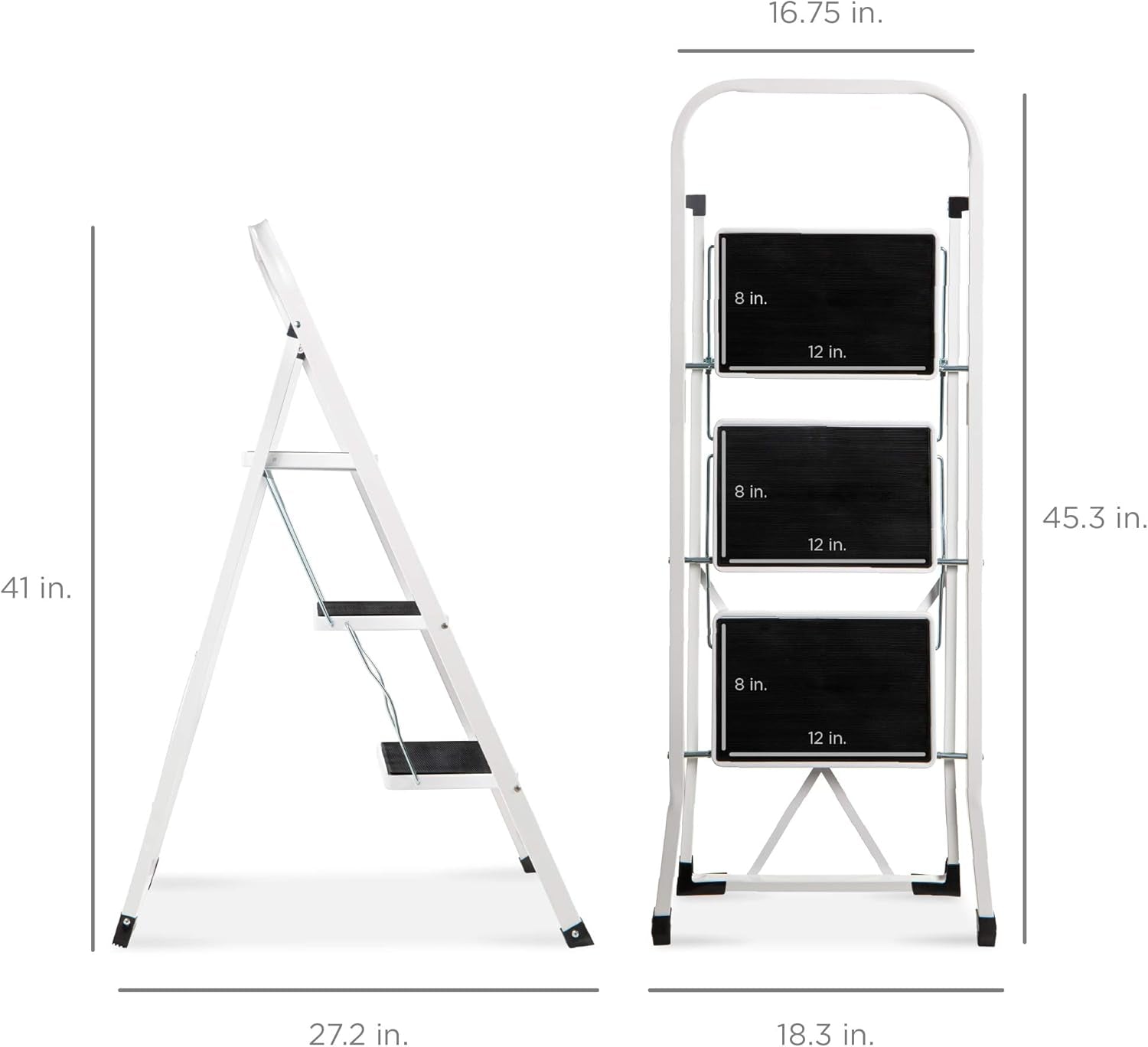 3 Step Ladder Folding Sturdy Lightweight Portable Step Stool for Kitchen, Bedroom, Home W/Non-Slip Rubber Feet, Padded Platforms Pads, 330Lb Capacity - White