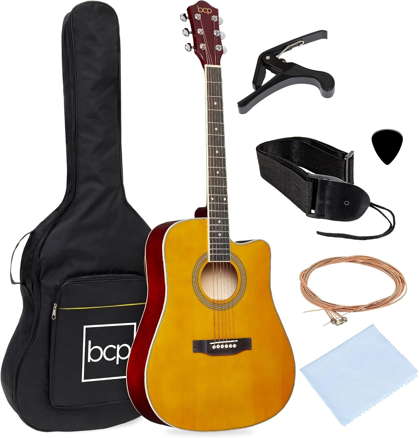 41In Beginner Acoustic Guitar Full Size All Wood Cutaway Guitar Starter Set Bundle with Case, Strap, Capo, Strings, Picks - Black