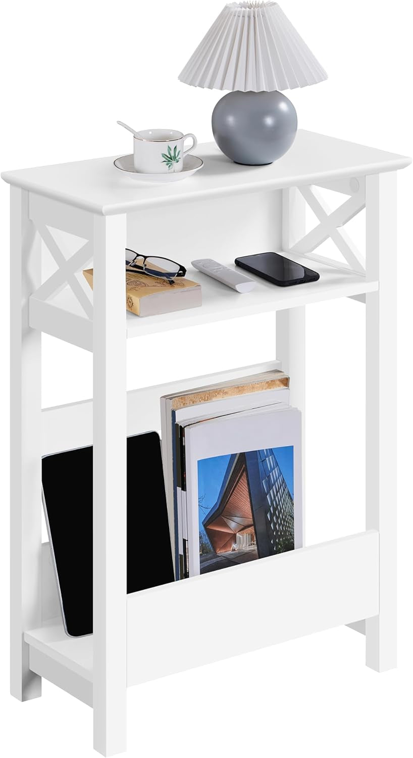 Small Side Table with Storage Shelf, 3-Tier Slim End Table with Magazine Rack, X Shaped Magazine Table for Living Room Home Office Balcony Small Spaces, Effortless Assembly, White