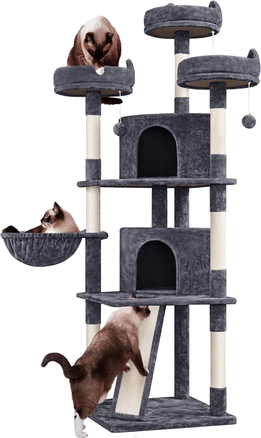 68.5In Multi-Level Large Cat Condo with Sisal-Covered Platforms Scratching Board &amp; Scratching Posts, Cozy Perches, Stable Cat Tower/Tree Pet Play House, Dark Gray