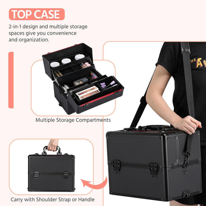 Makeup Train Case 3 in 1 Professional Cosmetic Trolley Multi-Functional Organizers Large Storage Traveling Cart Trunk for Nail Tech - Black