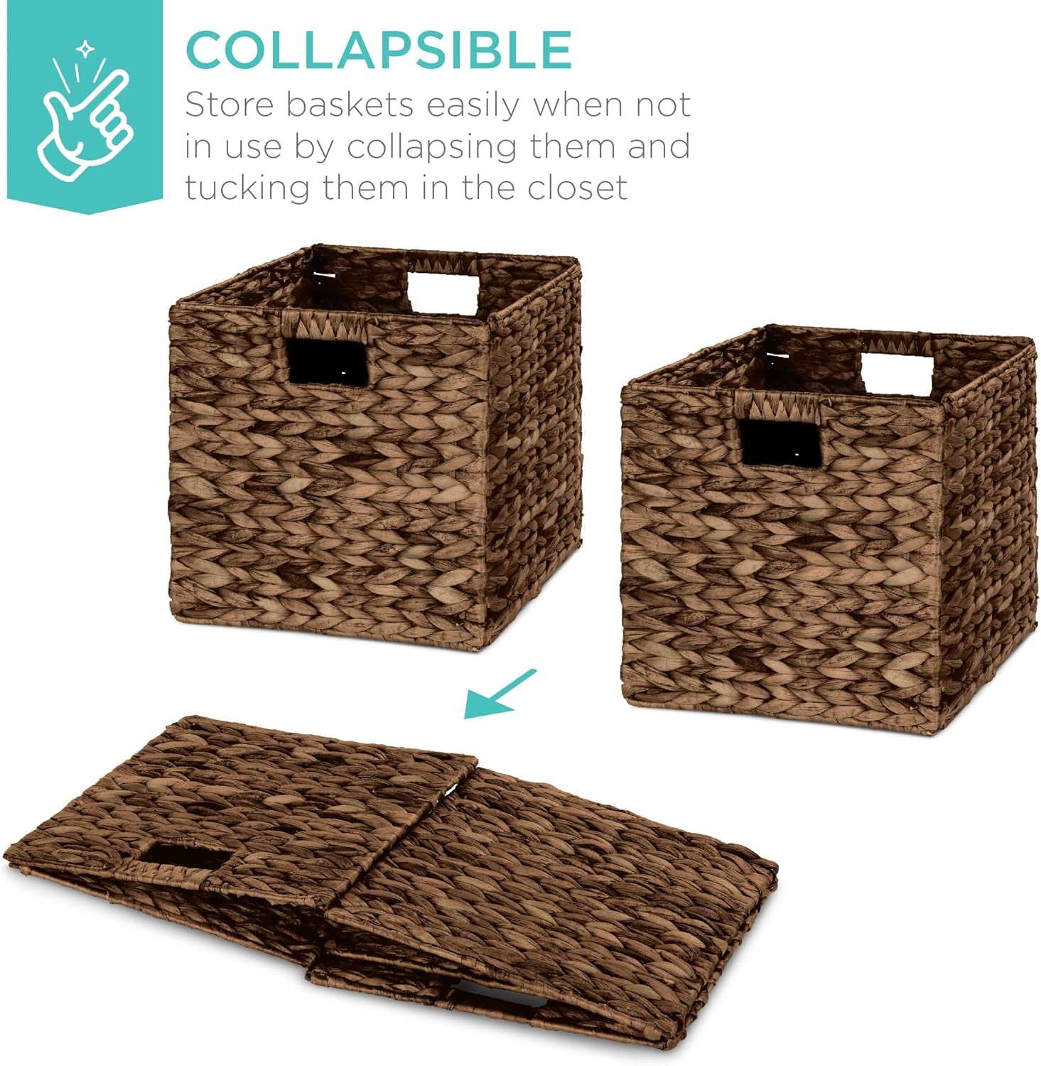 10.5X10.5In Hyacinth Baskets, Rustic Set of 5 Multipurpose Collapsible Storage Organizer, Handwoven Laundry Totes for Bedroom, Living Room, Shelves - Brown