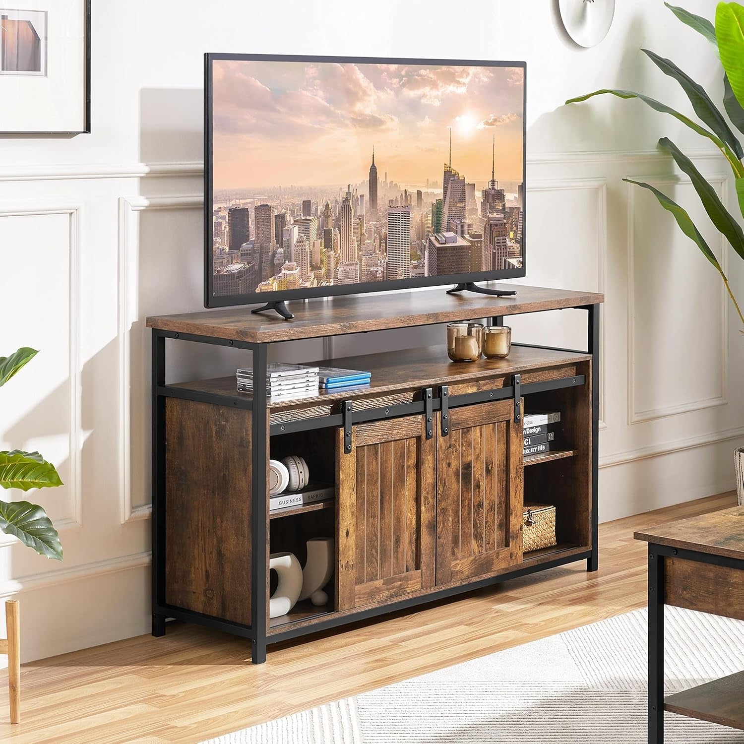 TV Stand, Entertainment Center with Storage Cabinets for 55 Inches TV, Barn Door TV Stand with Height Adjustable Shelves, Farmhouse TV Console for Living Room, 47 Inch