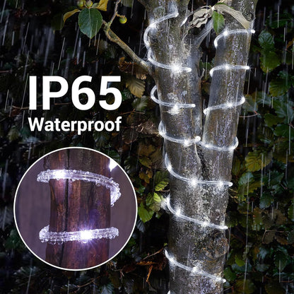 Solar Rope Lights, 2 Packs 66Ft 200LED Solar String Lights, 8 Modes Waterproof Solar Powered Outdoor Lights, Flexible Clear Tube Lights for Garden, Backyard, Patio, Deck, Porch, Pool,Tree Decor -White