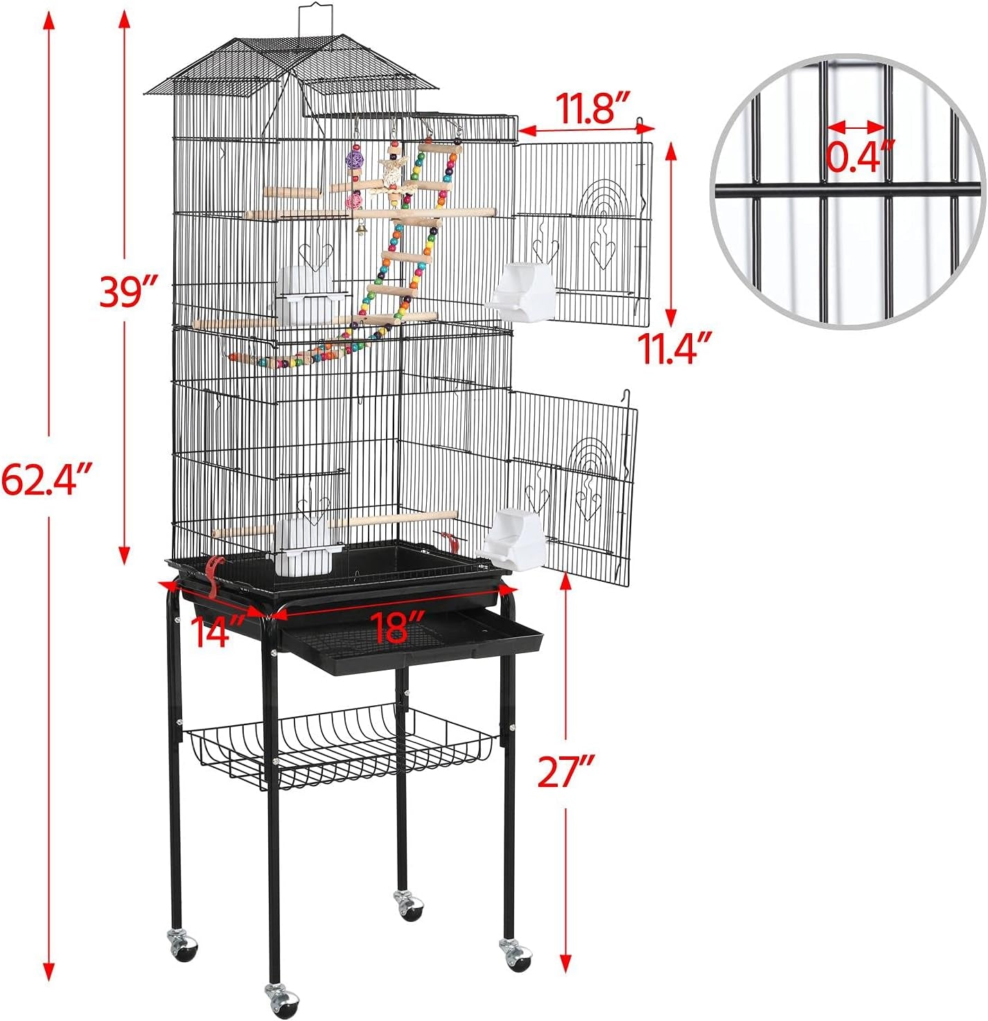 Bird Cage 64-Inch Play Open Top Medium Small Parrot Parakeet Bird Cages with Detachable Rolling Stand for Parrot Lovebirds Finches Parakeets Budgie Parrotlet Conures, Pet Flight Birdcage