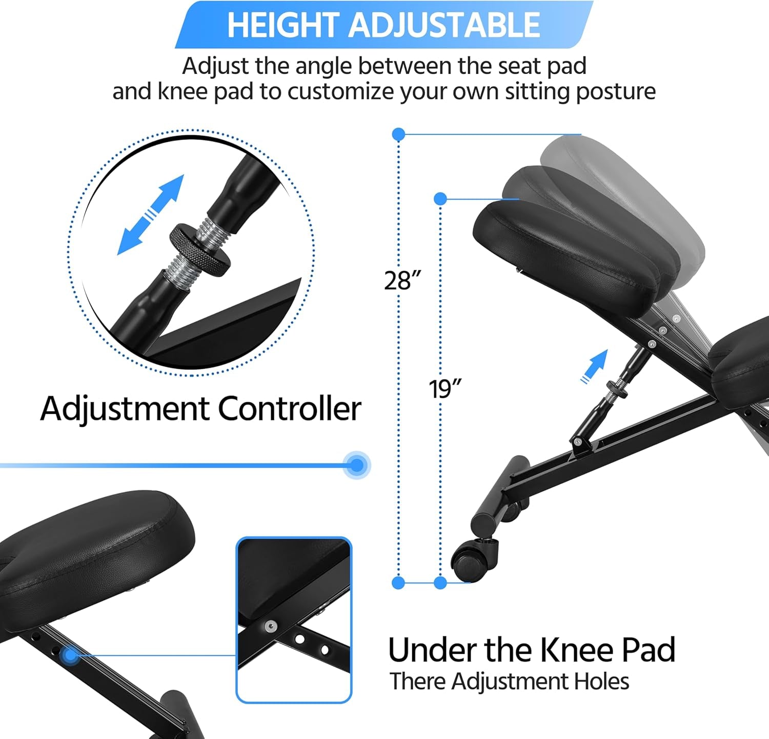 Kneeling Chair Ergonomic Posture Chair for Office Home Standing Work Desk Stool Adjustable Office Chair with Thick Cushion Pad &amp; Flexible Seating Rolling Casters