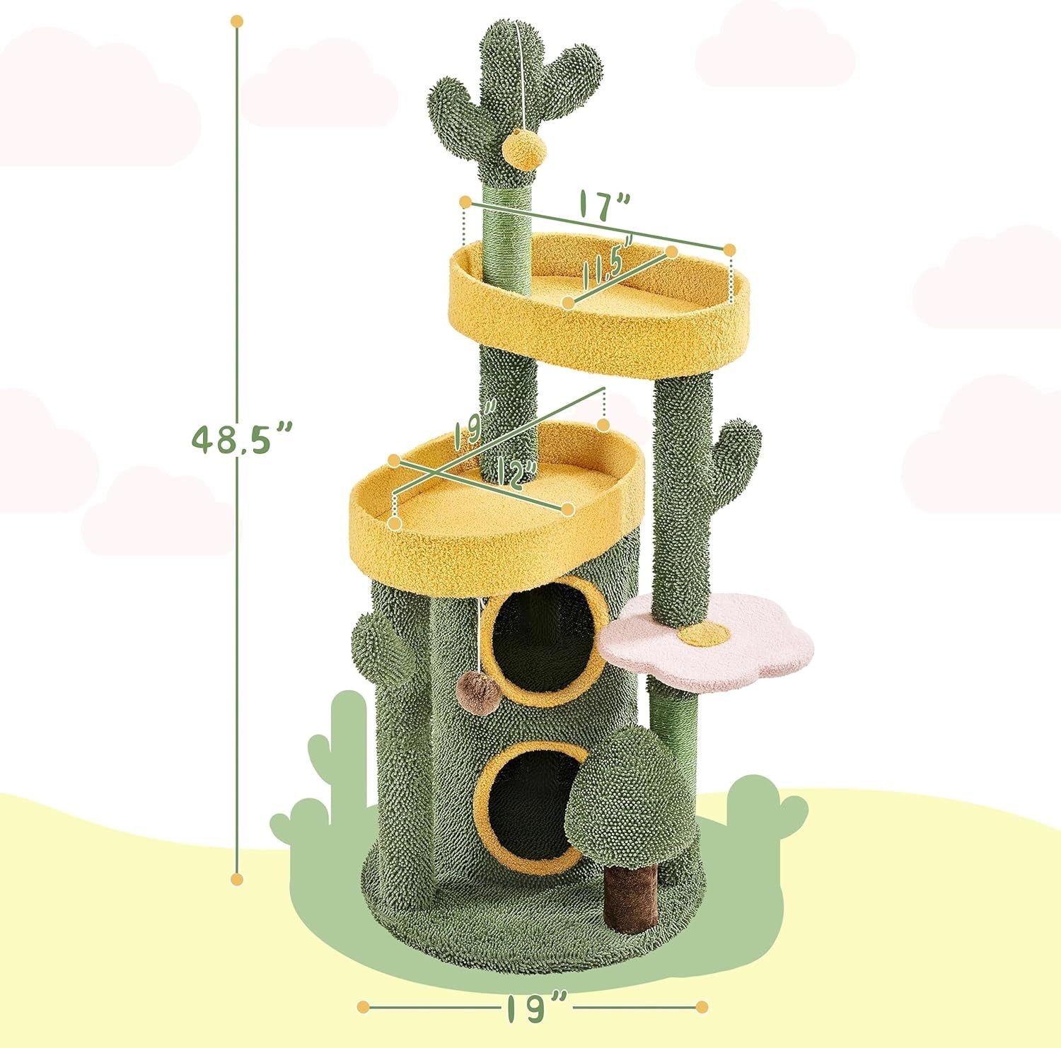 Cactus Cat Tree for Indoor Cats, 48.5In Cat Tower with 2 Large Platform, 2 Tiered Condo, Scratching Posts &amp; Dangling Balls, Oasis-Themed Cat Activity Center