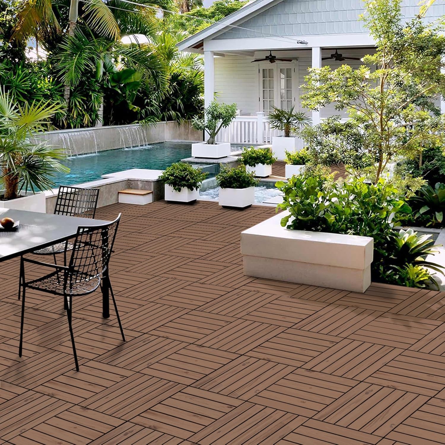 27PCS Acacia Wood Interlocking Flooring Tiles Waterproof Flooring for Outdoor &amp; Indoor Patio,Balcony,Garden,Poolside,12 × 12 In,Brown