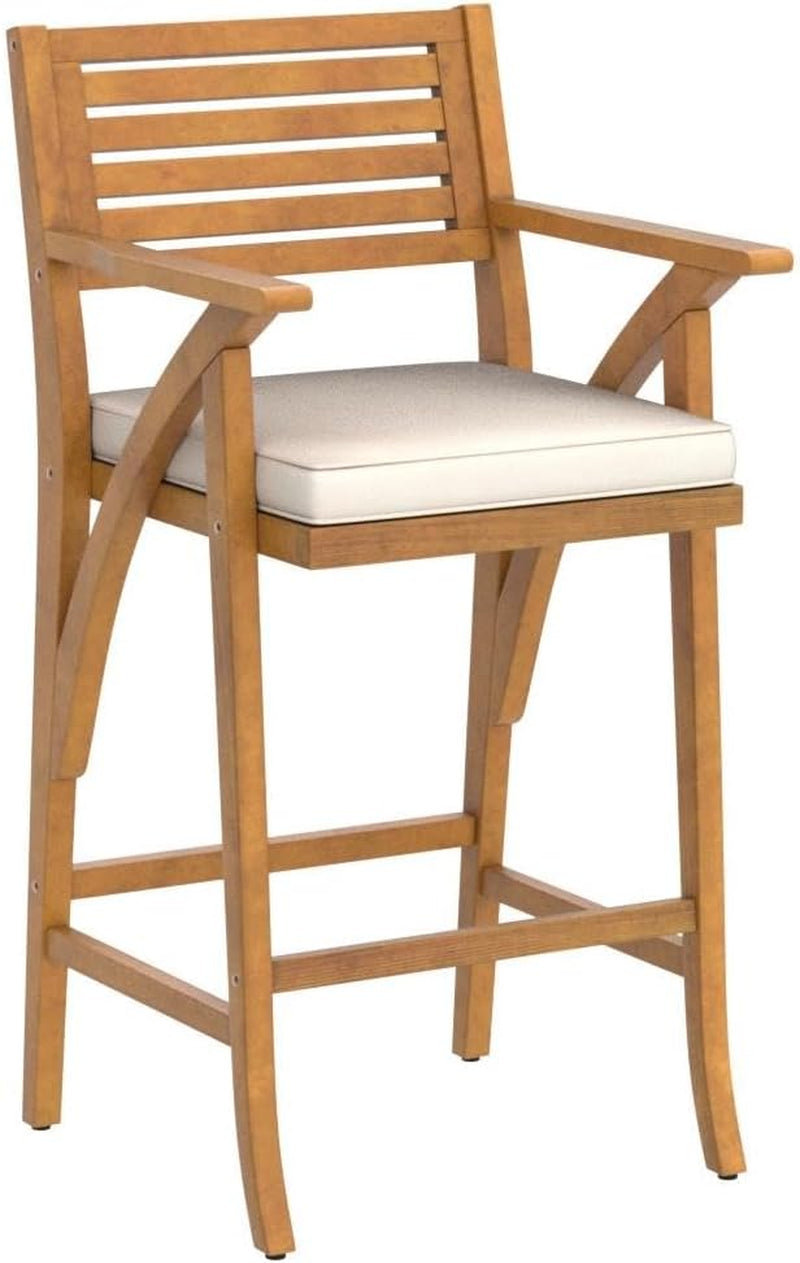 Set of 2 Outdoor Acacia Wood Bar Stools Bar Chairs for Patio, Pool, Garden W/Weather-Resistant Cushions - Teak Finish