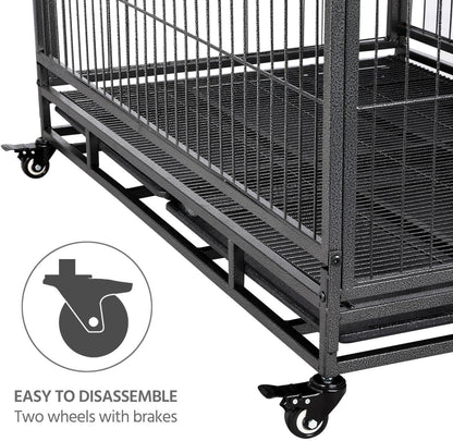 42-Inch Dog Crate Heavy Duty Metal Dog Crate for the House Indoor Dog Kennel for Small/Medium/Large Dogs W/Double Doors &amp; Locks &amp; Double Tray &amp; Lockable Wheels Pet Cage Black