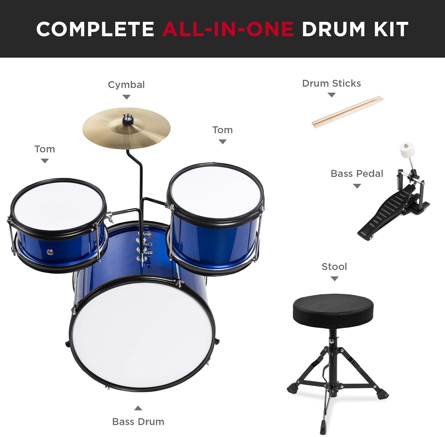 Kids Drum Set 3-Piece Beginner Drum Set Junior Drum Set, W/ Throne Stool, Cymbal, Drum Sticks, Bass Drum Pedal, 2 Toms - Blue