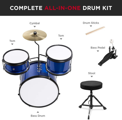 Kids Drum Set 3-Piece Beginner Drum Set Junior Drum Set, W/ Throne Stool, Cymbal, Drum Sticks, Bass Drum Pedal, 2 Toms - Blue