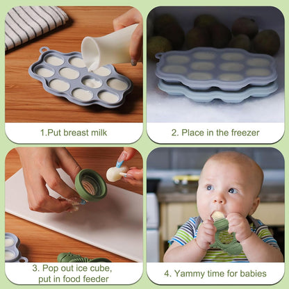 Baby Breastmilk Popsicle Molds &amp; Baby Fruit Feeder Pacifier, Silicone Baby Food Freezer Tray Storage Containers for Infant Teething Self Feeding