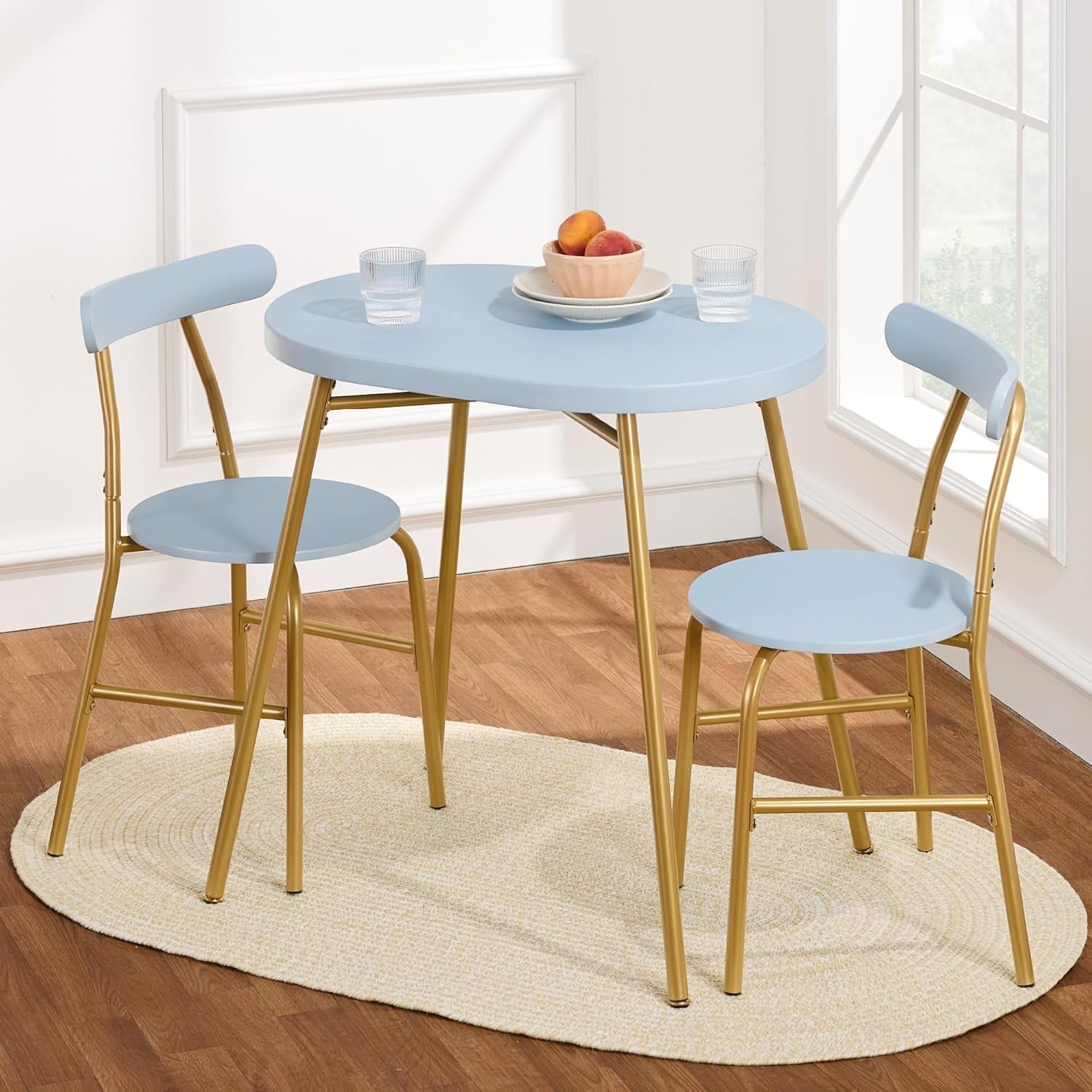 3-Piece Modern Oval Dining Table Set, Small Kitchen Dinette W/ 2 Chairs, Metal Frame, Curved Backrests - Pink/Gold