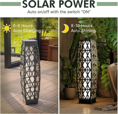 2-Piece Solar Outdoor Floor Lamp Solar Powered Wicker Lantern Outdoor Weather-Resistant Deck Light for Garden Porch Yard-Silver Gray, Large Cindy