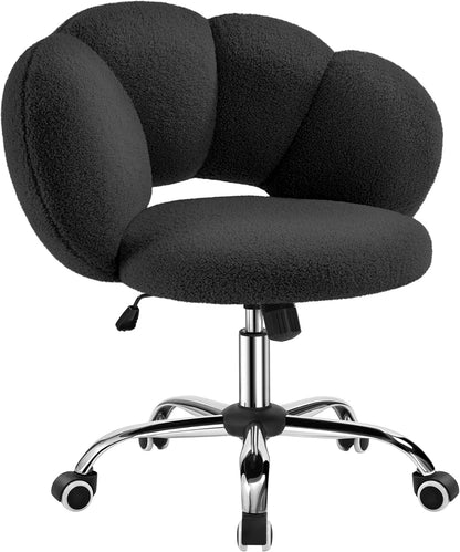 Boucle Upholstered Desk Chair Cloud-Shaped Vanity Chair Adjustable Home Office Chair Computer Chair with Rolling Wheels for Living Room, Bedroom White