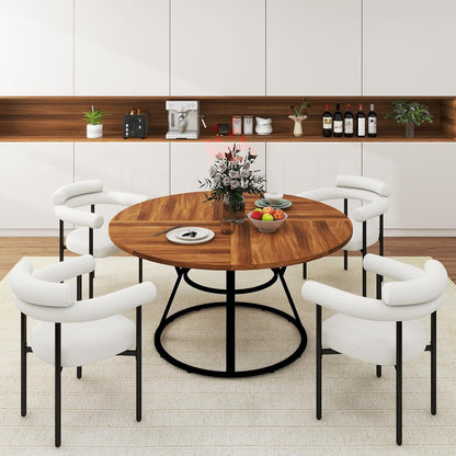 47” round Dining Table Set for 4, Small round Kitchen Table with 4 Boucle Dinner Chairs, Modern Circle 5 Piece Dining Table with Steel Legs (White)