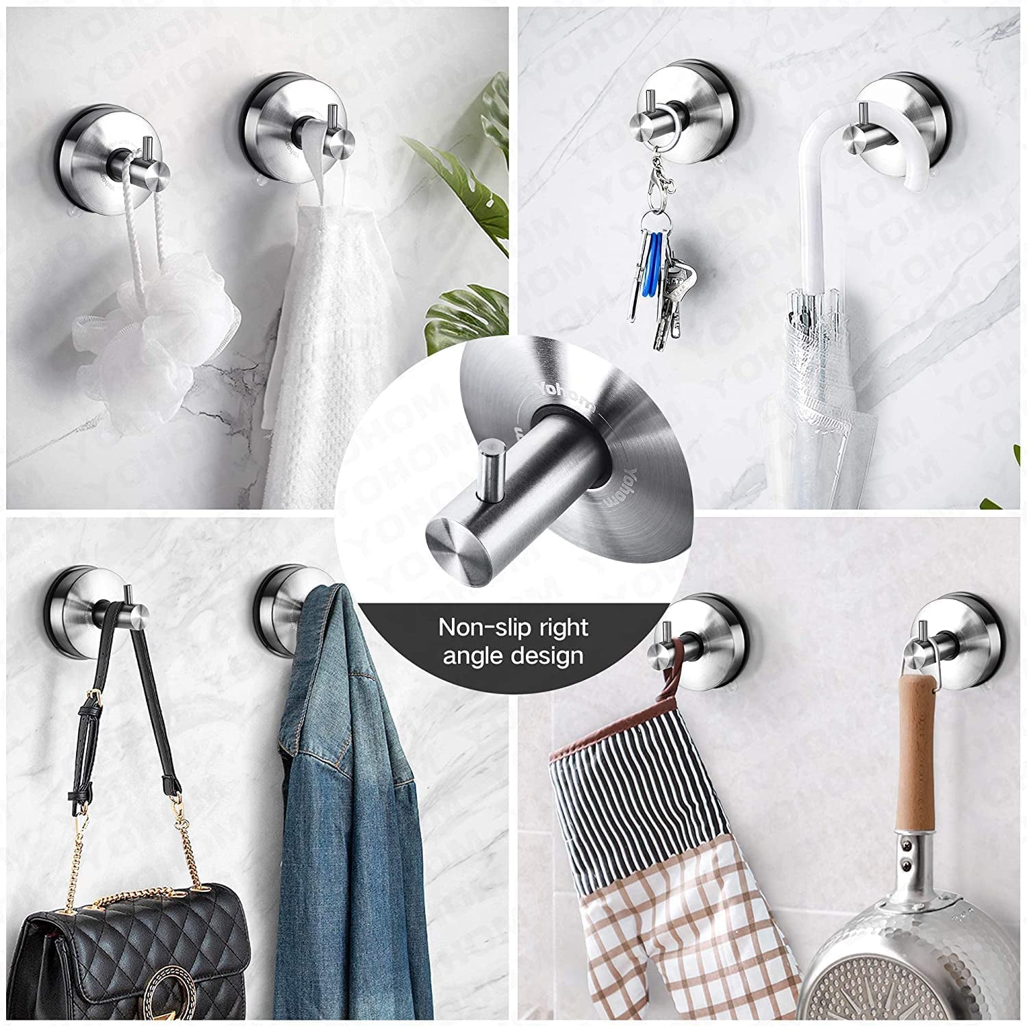 Stainless Steel Vacuum Suction Cup Bathroom Shower Holders - Removable Towel Rack, Bathrobe and Loofah Hooks with Brushed Finish