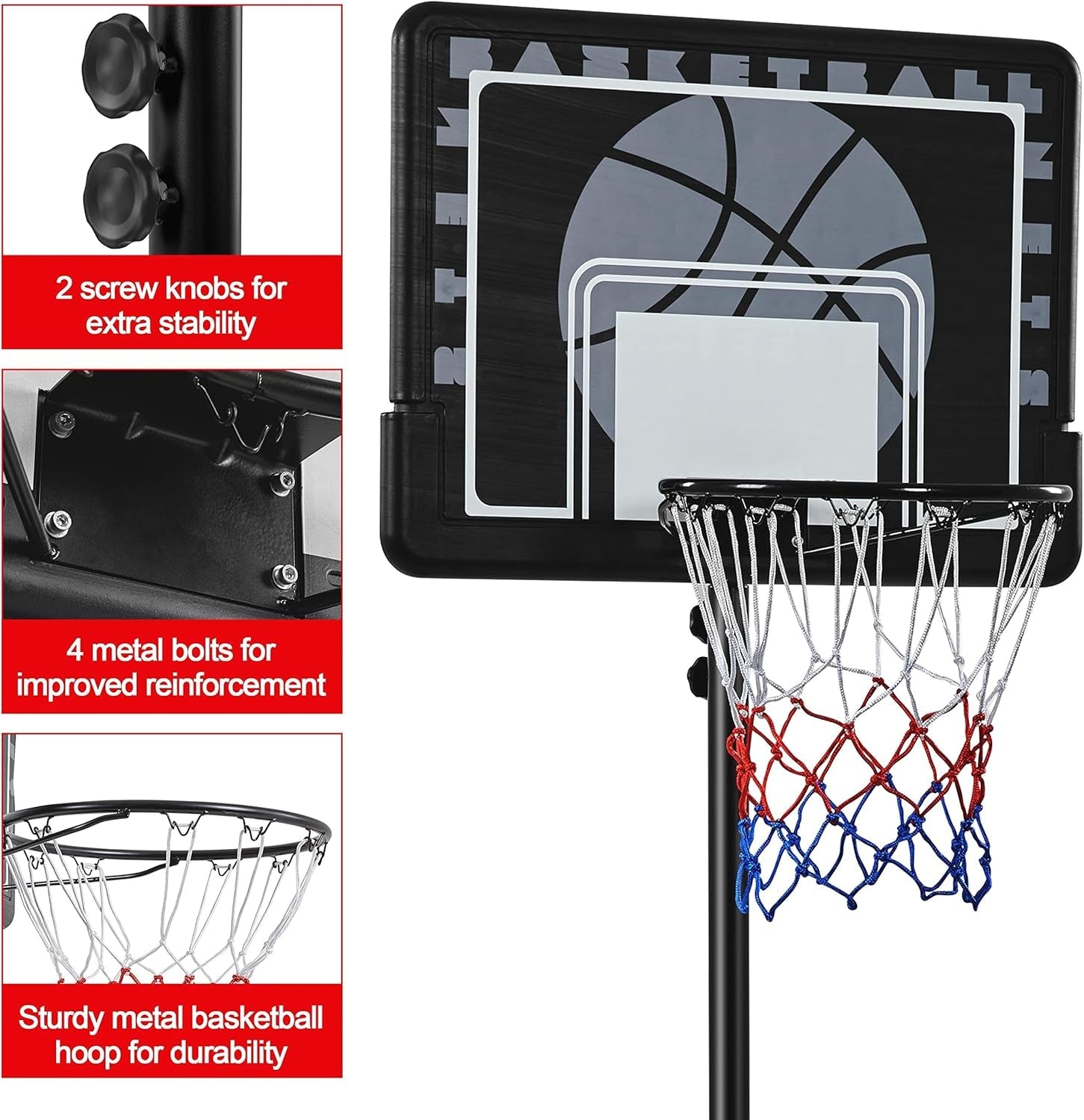 Kids Basketball Hoop Outdoor Stand Portable Basketball Goal System Set 7.6-8.6Ft Height Adjustable with PE Backboard W/ 2 Wheels Use for Indoor &amp; Outdoor Sports