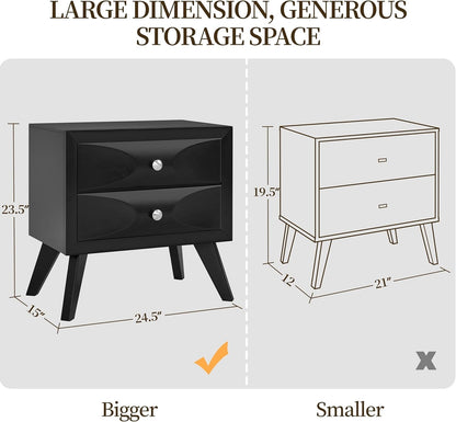 Nightstands Set of 2, Almost Fully-Assembled Nightstands with 2 Drawers and Solid Wood Legs, Large Bedside Tables with Storage, Modern Side Tables for Bedroom, 24.5″L×15″W×23.5″H, Black