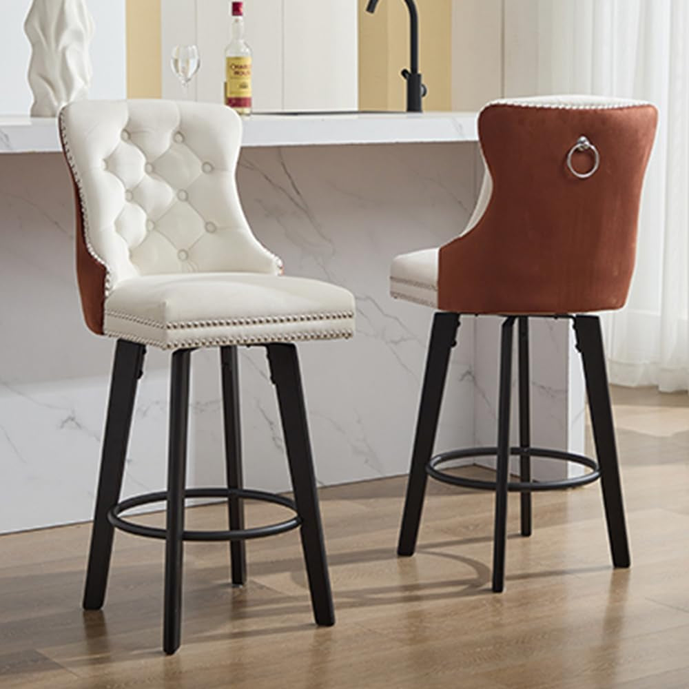 Modern Swivel 27&quot; H Seat Velvet Barstools with Backrest,Button Tufted Rivet Trim Dining Room Chairs with Metal Pull Ring for Kitchen Island，Bistro, Home Bar，Coffee and White（Two-Tone,3 Pcs）