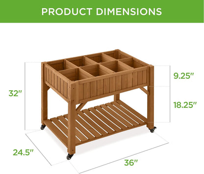 Elevated 8 Pocket Herb Garden Bed, Mobile Raised Customizable Wood Planter for Herbs, Vegetables, Flowers W/Lockable Wheels, Storage Shelf, Drainage Holes - Acorn Brown