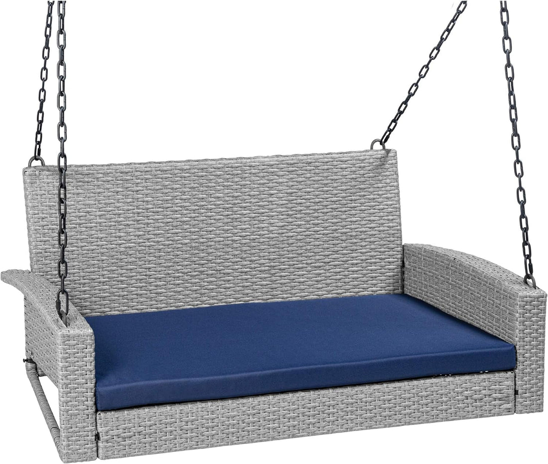 Woven Wicker Outdoor Porch Swing, Hanging Patio Bench for Deck, Garden W/Mounting Chains, Seat Cushion - Gray/Navy