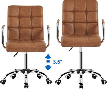 PU Leather Office Desk Chair Mid Back Height Adjustable Chair Comfortable Computer Swivel Chair W/Armrests, Retro Brown