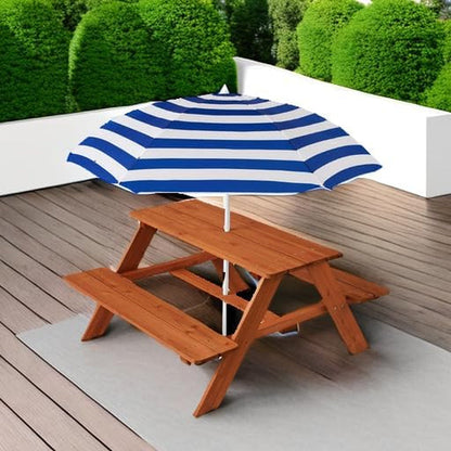 Kids Wooden Picnic Table, Outdoor Activity &amp; Dining Table W/Adjustable Collapsible Umbrella, Built-In Seats - Golden Brown/Navy