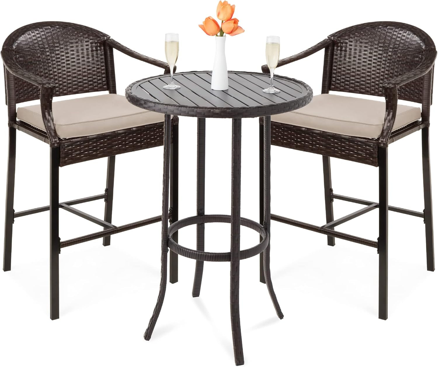 3-Piece Patio Bar Table Set, Outdoor Wicker Bar Height Bistro Furniture for Backyard, Poolside, Balcony W/Barstools, Cushions, Steel Frame – Brown/Beige