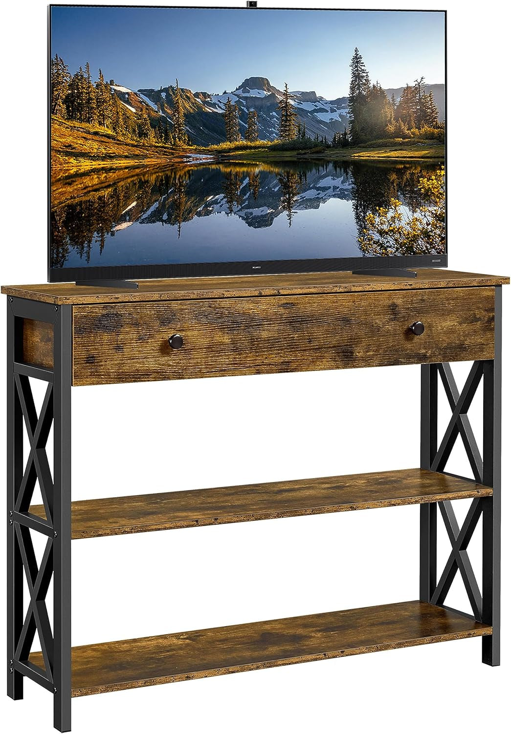 TV Stand for TV up to 45 Inch, Entertainment Center with Drawer, Media Console Table with Storage Shelves, for Living Room, Metal Frame, Rustic Brown