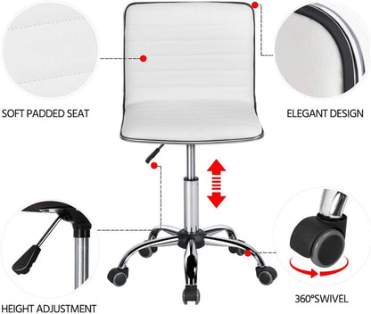 Adjustable Task Chair PU Leather Low Back Ribbed Armless Swivel White Desk Chair Office Chair Wheels