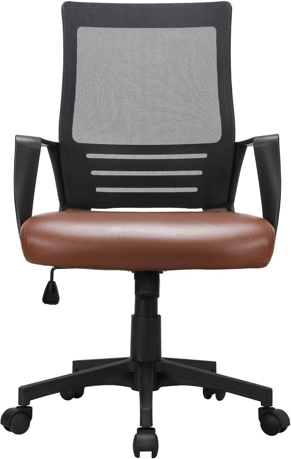 Mid Back Mesh Chair W/Leather Seat Executive Office Chair Computer Task Chair with Armrests Ergonomic Desk Chair with Lumbar Support, Brown