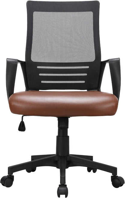 Ergonomic Home Office Chair Leather and Mesh Combine Desk Chair Rolling Swivel Adjustable Mesh Chair with Lumbar Support and Armrests for Office and Home, Brown