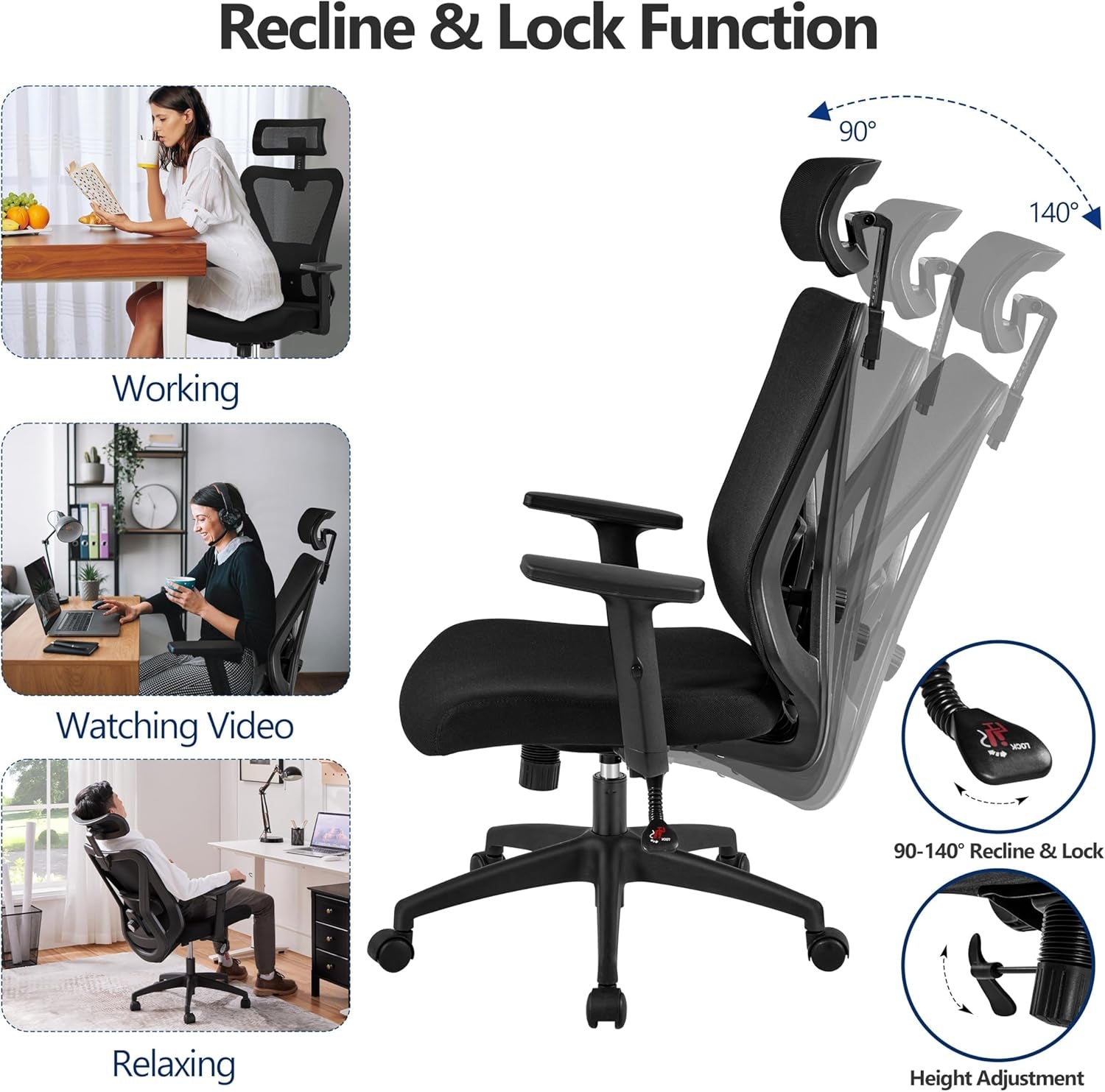 Ergonomic Office Chair Desk Chair High Back Mesh Computer Chair Study Chair with Lumbar Support Adjustable Armrest, Backrest and Headrest for Home Office Working Black