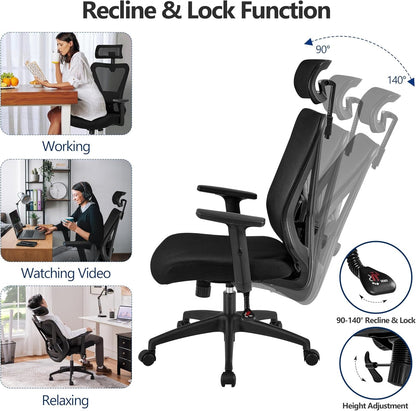 Ergonomic Office Chair Desk Chair High Back Mesh Computer Chair Study Chair with Lumbar Support Adjustable Armrest, Backrest and Headrest for Home Office Working Black