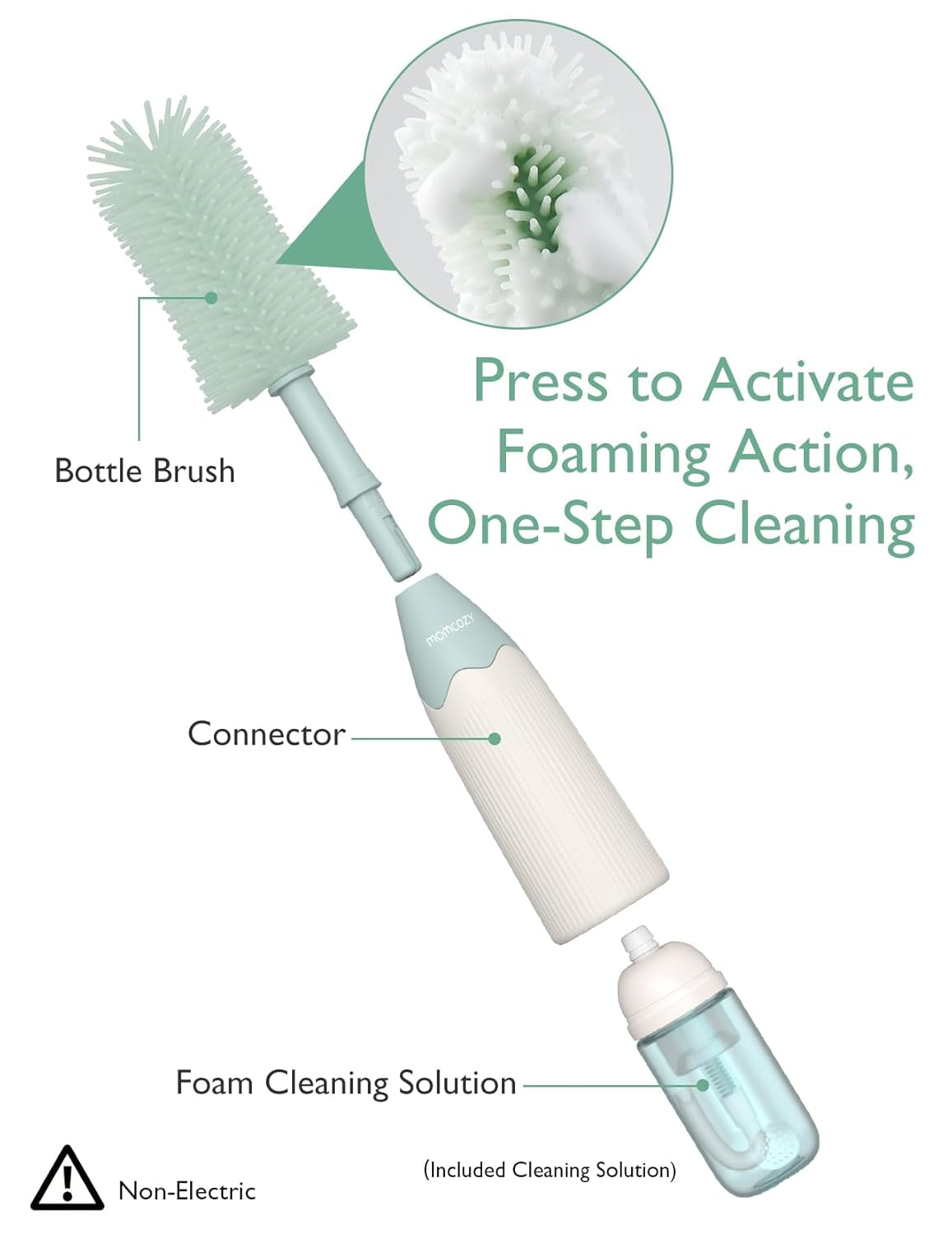 Bottle Brush Kit, Innovative Push-Press Design for Better Cleaning - Baby Bottle Cleaner Brush for Baby Bottle, Breast Pumps, Nipples, and More - Can Generate Foam for Better Cleaning, Green