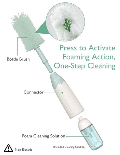 Bottle Brush Kit, Innovative Push-Press Design for Better Cleaning - Baby Bottle Cleaner Brush for Baby Bottle, Breast Pumps, Nipples, and More - Can Generate Foam for Better Cleaning, Green