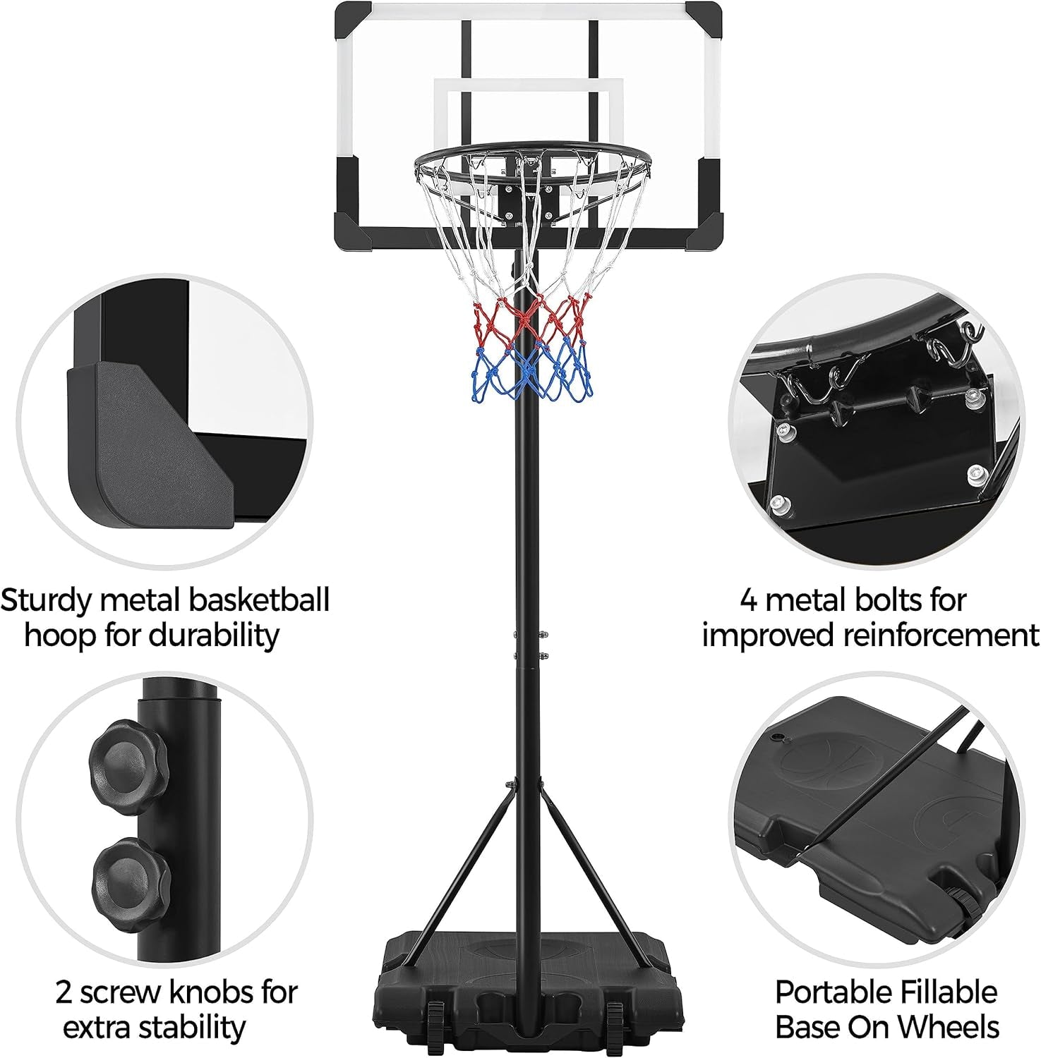 Kids Basketball Hoop Outdoor Portable Basketball Goals Basketball Court Freestanding Basketball Goal Stand 7.4Ft-8.4Ft Height Adjustable for Indoor/Outdoor Sports