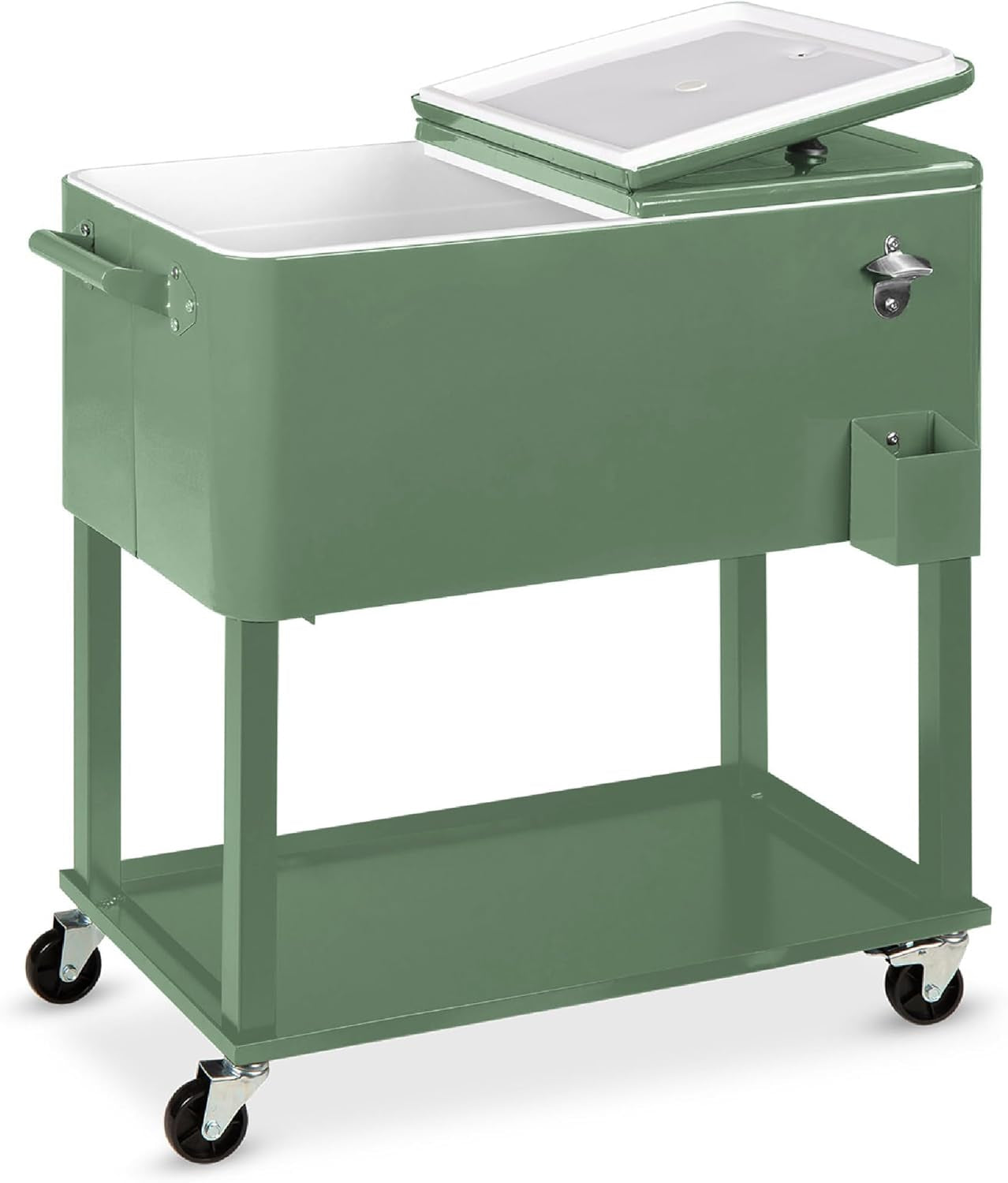 80-Quart Outdoor Steel Rolling Cooler Cart W/Ice Chest, Bottle Opener, Catch Tray, Drain Plug, Locking Wheels