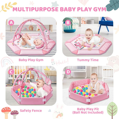 Baby Gym Play Mat, 8-In-1 Tummy Time Mat &amp; Ball Pit with 6 Toys, Washable Baby Activity Mat for Visual, Hearing, Sensory, Motor Development, Baby Gift for Newborn Infant 0-3-6-9-12 Months (Pink)